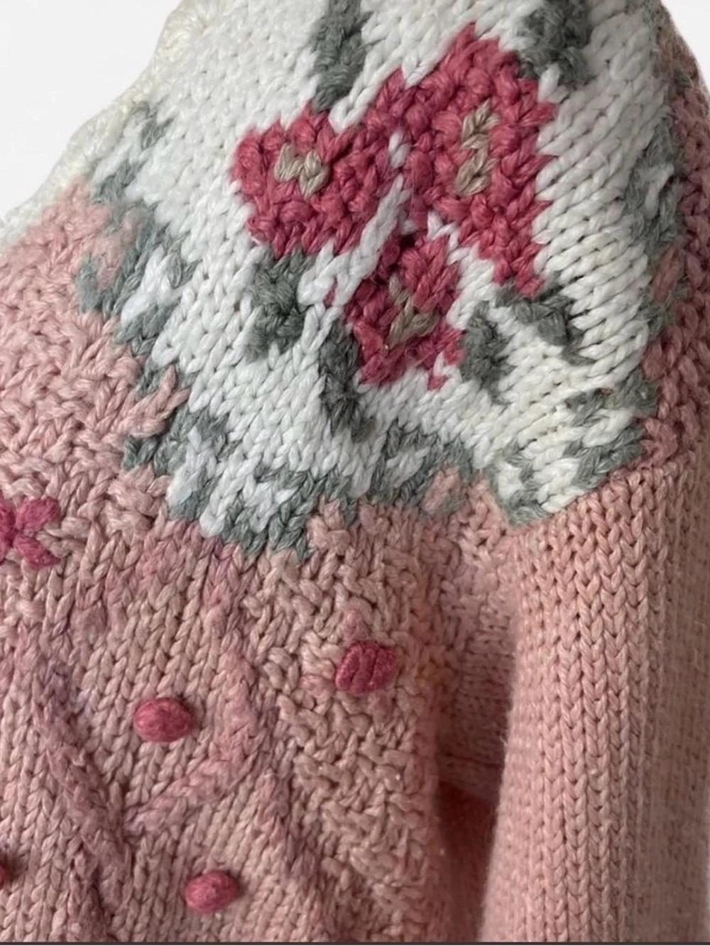 Vtg 80s oversized cardigan Classic Element pink HAND KNIT shoulder pads Korea